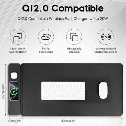 Wireless Charging Mouse Pad with 2nd Gen Tech, 3-in-1 25W Fast Charger, Microfiber Leather Desk Mat, Large Waterproof Desk Pad for Office & Gaming(Leather Adds Universal Charging Cable)