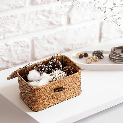 Hipiwe Seagrass Basket Key Holder Box for Entryway Tabletop Desk Organizer with Lid Handwoven Wicker Storage Bin for Hair Ties Candy, Whitewash 6.1" x 4" x 3.3"