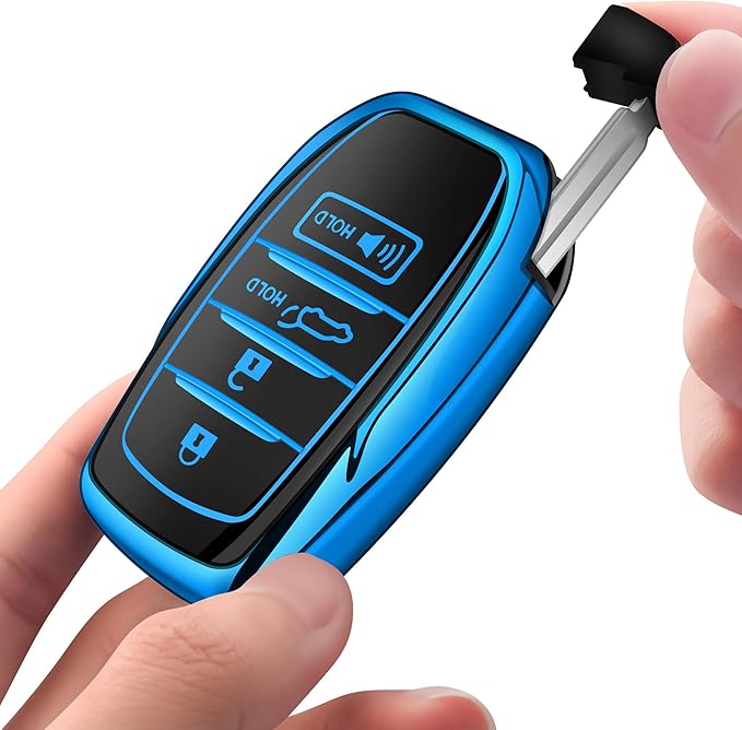 Sindeda for Toyota Key Fob Cover with Metal Keychain & Leather Strap for 2025-2026 Camry 4 Runner 2019-2026 Venza, Land Cruiser,2023-2026 Tacoma Grand Highlander,Corolla,bZ4X,4-5 Buttons(Blue)