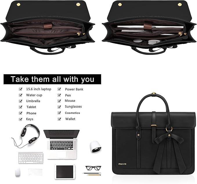 MOSISO Laptop Bag for Women, 15-15.6 inch PU Leather Laptop Shoulder Bags Convertible Backpack, 16 inch Messenger Bags Casual Handbag Work Briefcase Travel Computer Bag with Bowknot, Black
