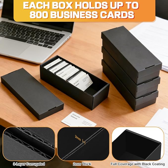 Business Card Storage Box 4 Pack, Business Card Holder Case with Lids, Holds 3200 Cards Total, 3-Layer Corrugated Desk Business Card Organizer, Black Card Index Photo & Office Supplies Storage