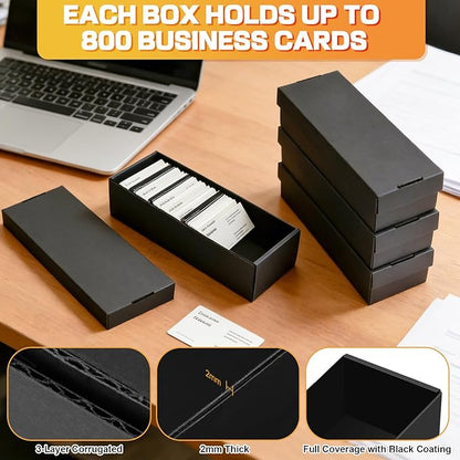 Business Card Storage Box 4 Pack, Business Card Holder Case with Lids, Holds 3200 Cards Total, 3-Layer Corrugated Desk Business Card Organizer, Black Card Index Photo & Office Supplies Storage