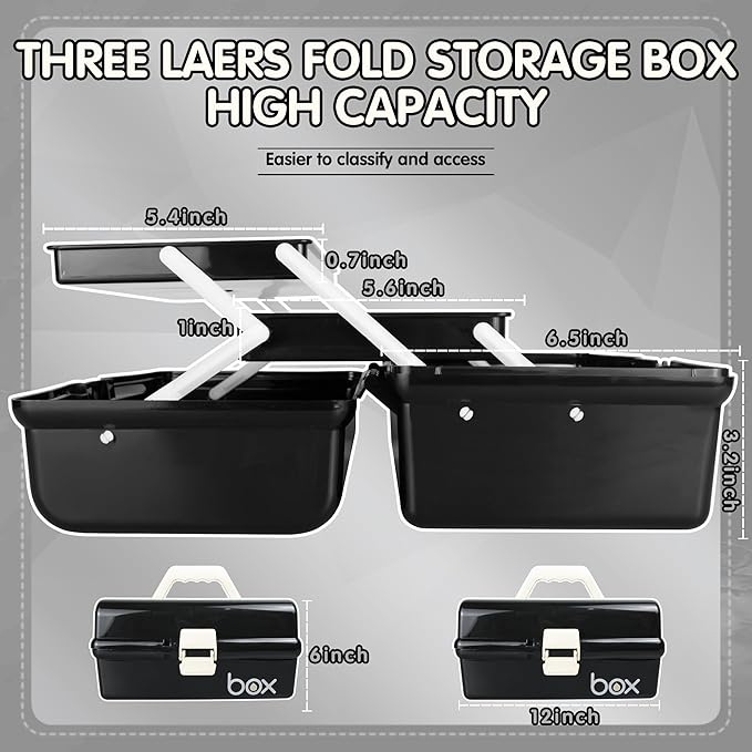 TERGOO 12in Three-Layer Multipurpose Storage Box Organizer Folding Tool Box/Art & Crafts Case/Sewing Supplies Organizer/Medicine Box/Family First Aid Box with 2 Trays (Black)…