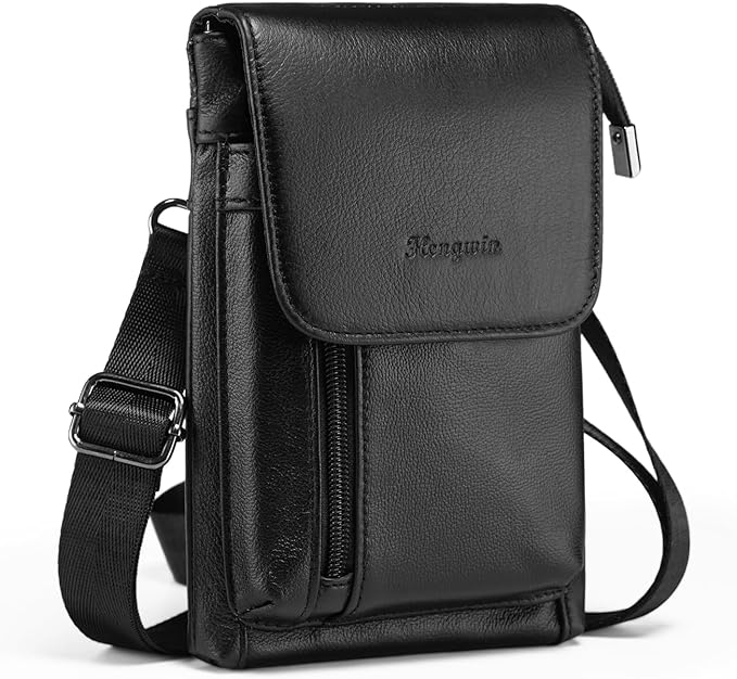 Hengwin Genuine Leather Small Crossbody Bag for Men Women, Cellphone Belt Pouch Bag, Travel Passport Wallet, Shoulder Holster (Black)