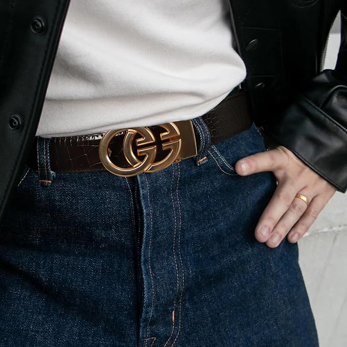 Aurolran Men&Womens Leather Dress Belt Business Automatic Buckle Belt Color-Black Silver Gold