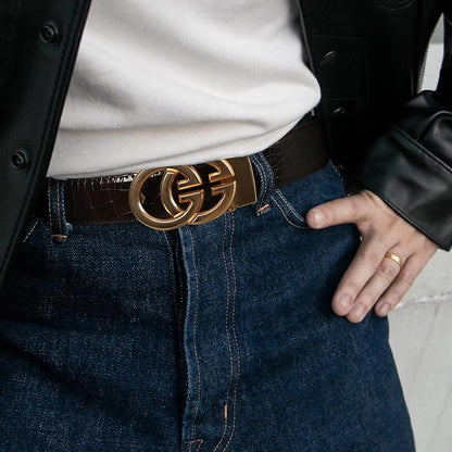 Aurolran Men&Womens Leather Dress Belt Business Automatic Buckle Belt Color-Black Silver Gold