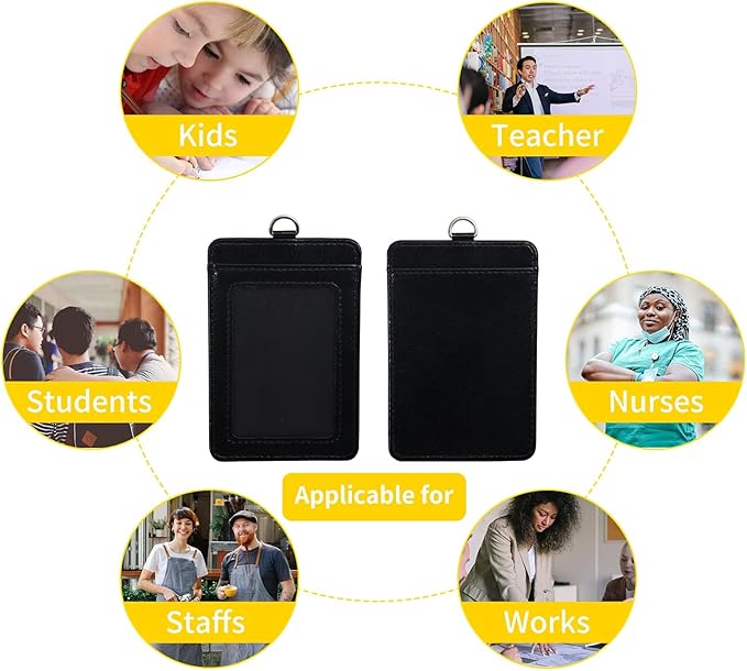 1 Badge Holder with Detachable Lanyard, Vertical PU Leather ID Badge Holder with 1 Clear ID Window & 1 Card Slot for Work, School, Metro & Access Cards (Black)