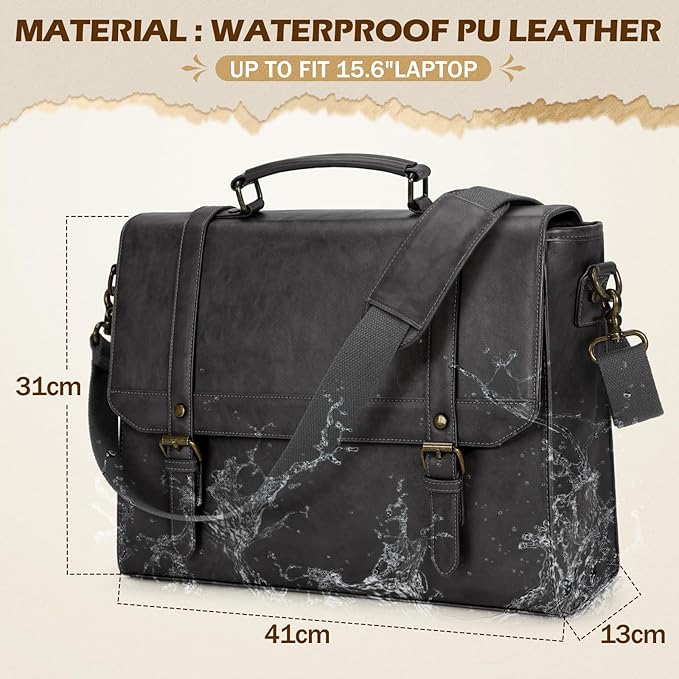 IGOLUMON Messenger Bag for Men 15.6 inch Vintage Leather Waterproof Laptop Briefcase Large Computer Laptop Bag Leather Satchel Bag Retro Shoulder Bag, Grey