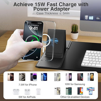 Wireless Charging Mouse Pad with Foldable Phone Holder, 31.5"x15.8" Large Desk Mat for Laptop/Keyboard, Waterproof Ultra-Smooth Surface, Non-Slip Base, Black