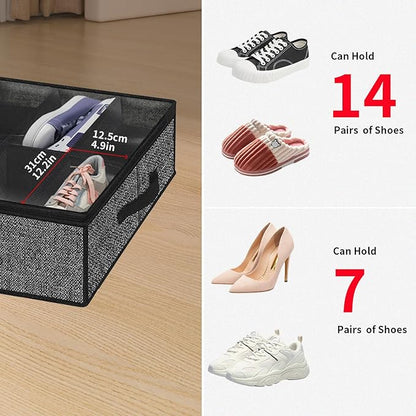 Onlyeasy 2 Pack Under Bed Shoe Storage Organizers with Handles & Clear window (Fit 14 +14 Pairs), Sturdy Underbed Box Organizer Shoe Storage Bags for Kids & Adults, Linen-like Black, MXAUBS14S14
