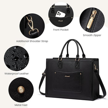 LOVEVOOK Laptop Tote Bag for Women, 17.3 Inch Work Bags, Vintage Leather Tote Bag, Waterproof Computer Bags with Clutch Purse, Large Capacity Messenger Bag for Teacher College Business Office