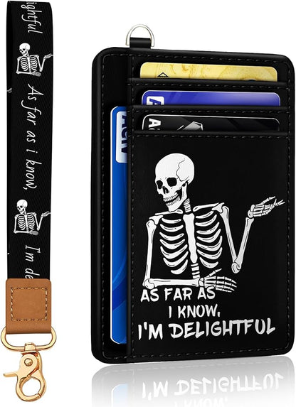 Yonlevres Skeleton Credit Card Holder Slim Wallet, RFID Wallet Women Front Pocket Wristlet Lanyard, Small Card Holder Travel Cute Thin Card Case ID Window PU Leather Funny Card Organizer Gifts Girls