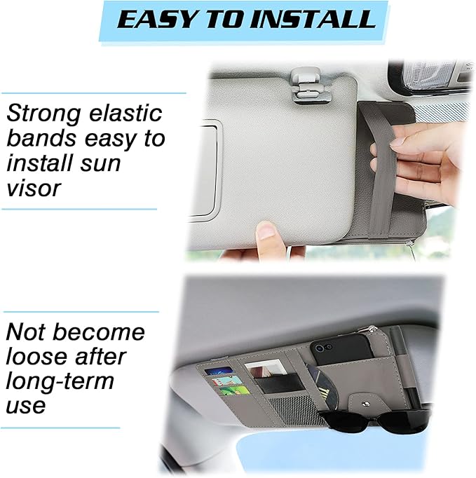 Car Sun Visor Organizer, Leather Pocket Organizer Sunglass Holder for Car Interior Accessories with Multi-Pocket Net Zipper (Gray)