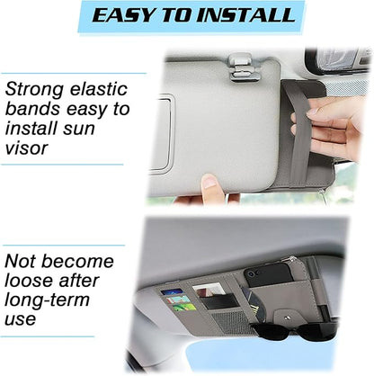 Car Sun Visor Organizer, Leather Pocket Organizer Sunglass Holder for Car Interior Accessories with Multi-Pocket Net Zipper (Gray)