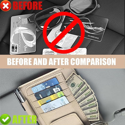Augeny 2 PCS Car Sun Visor Organizer, Small Auto Visor Organizer and Storage, Registration and Document Holder for Sunglasses, Card, Pen, Driver License, Car Accessories (Beige)