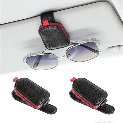 JUSTTOP 2Pack Sunglasses Holders for Car,Magnetic Leather Buckle Sun Visor Sunglass Clip,Ticket Card Clip Sunglasses Mount,Car Interior Accessories for Men and Women(Black-Red)
