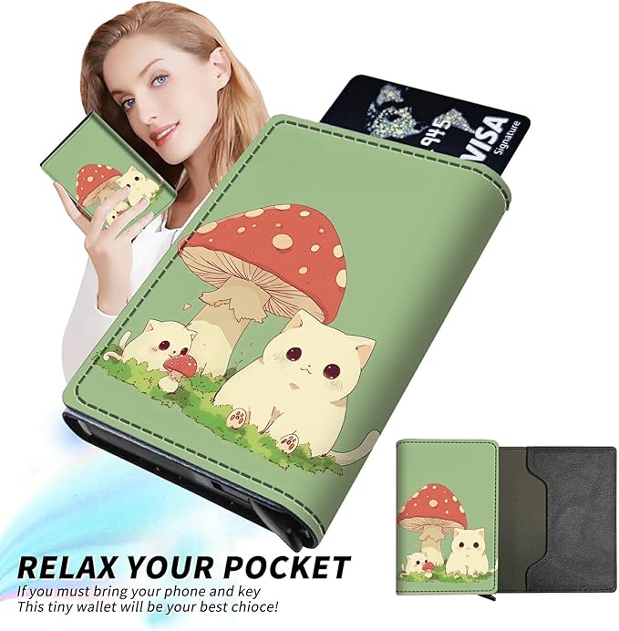 Mushroom Cat Minimalist Wallet for Men, Pop Up Card Case Wallet for Women, PU Leather Automatic Credit Card Holder Metal Money Clip Wallet RFID Blocking Bifold Pocket Wallet