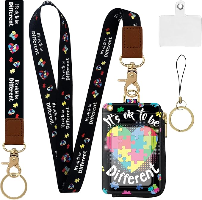2-in-1 ID Badge Holder & Lanyard Wallet,Multi Use Womens Small Wallet with Zipper Pocket for Women Men with Wristlet and Neck Lanyard 5 Card Slots Work Essential (It's ok to be)