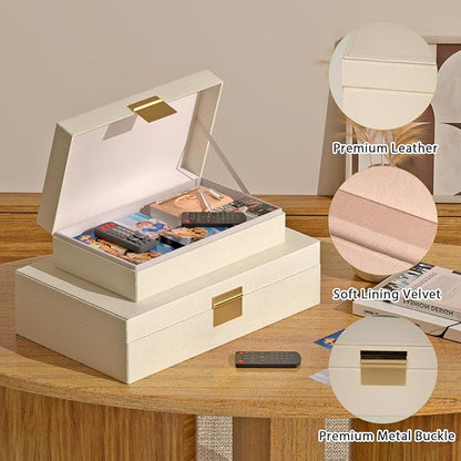 Decorative Storage Boxes Set of 2 - Multi-Purpose Beautiful PU Leather Organizer Bins for Your Home Decor - Decorative Containers with Lids Store Photos, Documents, Memory Box Keepsakes (Beige)