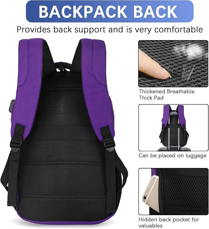 LARIPOP Carry On Backpack for Airplane, 15.6 Inch Laptop Backpack with USB Charging Port, Water Resistant Business Travel Backpack, Lightweight College School Bookbag Anti Theft for Men Women, Purple
