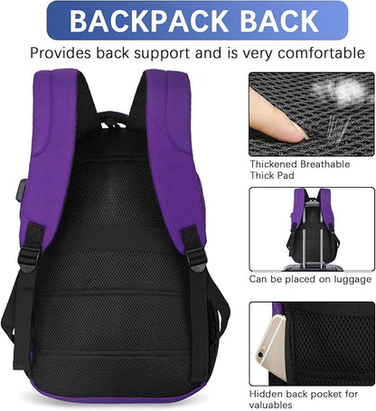 LARIPOP Carry On Backpack for Airplane, 15.6 Inch Laptop Backpack with USB Charging Port, Water Resistant Business Travel Backpack, Lightweight College School Bookbag Anti Theft for Men Women, Purple