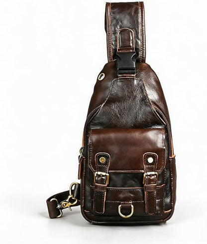 Thick Crazy horse Leather Triangle Crossbody Sling Chest Bag Travel One Shoulder Bag Daypack For Men Male 3028