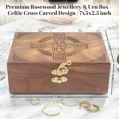 Celtic Cross Wooden Jewelry Box, Rosewood Handmade Engraved Christian Keepsake Storage Chest for Women & Men, Religious Gift Box, Vintage Wooden Treasure Organizer for Jewelry & Decor