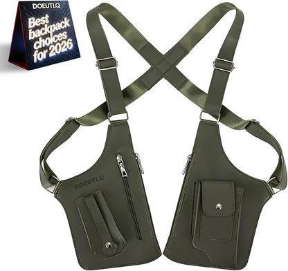 Leather Double Shoulder Armpit Bag for Men Underarm Concealed Rover The Holste Vest for Mens Adjustable Leather Bag (Army Green)