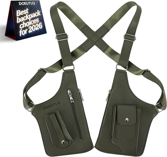 Leather Double Shoulder Armpit Bag for Men Underarm Concealed Rover The Holste Vest for Mens Adjustable Leather Bag (Army Green)