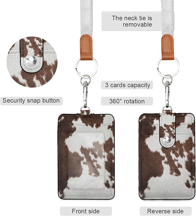Badge Holder, Western Cow Skin Texture PU Leather School College Business ID Badge Card Holder Wallet Case with 1 Clear Window, 2 Credit Card Slots and Detachable Neck Lanyard - Vertical