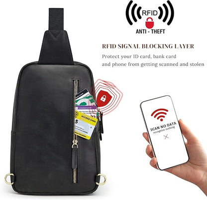 S-ZONE Sling Bag for Men Women RFID Blocking Genuine Leather Crossbody Shoulder Bag Backpack Hiking Daypack Travel | RFID Blocking, Genuine Leather, Hiking Daypack, Travel