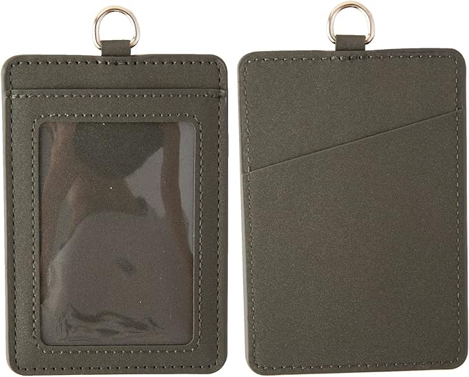 Leather ID Badge Holder,Slim Minimalist Elastic Credit Card Holder, Vertical Credit Card Holder for Men & Women with Neck Lanyard (Gray)
