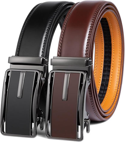 2 Pack Ratchet Belt 1 3/8", Mens leather Dress Belt in Gift Set Size 28"-62" Adjustable waist Trim to Fit