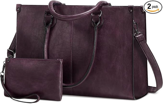 LOVEVOOK Laptop Tote Bag for Women, 15.6 Inch Large Capacity Vintage Leather Work Computer Bag, Business Casual Shoulder Handbag, Fuchsia