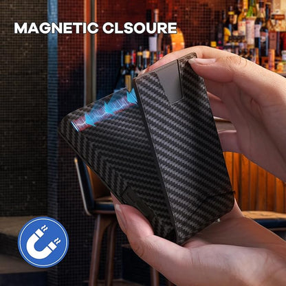 Wallet for Men, Gift Boxed Slim Minimalist Wallet for Men with Money Clip and Genuine Leather Slots RFID Blocking Pop Up Metal Aluminum Smart Wallet Card Case (Carbon Fibre Black)