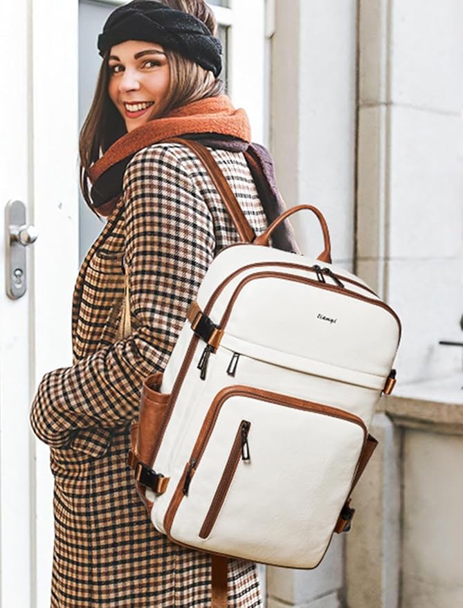 Travel Backpack for Women and Men, Fits 17.0" Laptop, Stylish Lay-Flat Carry-on Vegan Leather Backpack with Luggage Strap for Travel and Daily Use