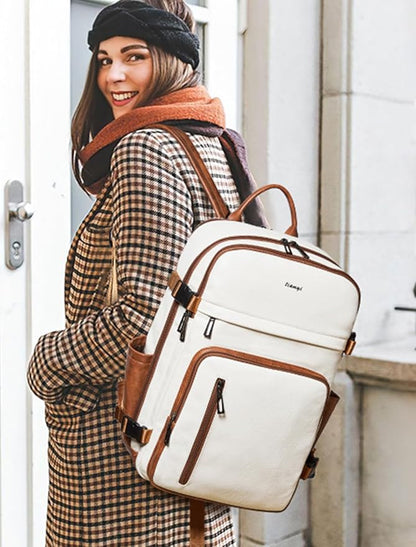 Travel Backpack for Women and Men, Fits 17.0" Laptop, Stylish Lay-Flat Carry-on Vegan Leather Backpack with Luggage Strap for Travel and Daily Use