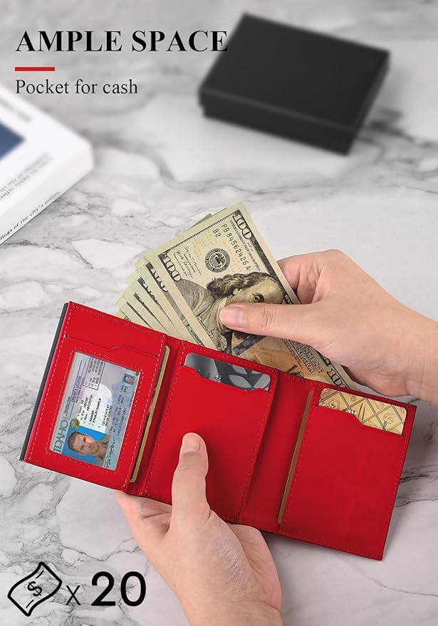 Small Wallet for Men-Pop Up Card Case,with Money Clip Slim Leather Slots Credit Card Holder RFID Blocking Trifold Minimalist Wallet with ID Window and Coin Purse(Red Small Wallet for Men Gift