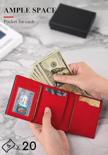 Small Wallet for Men-Pop Up Card Case,with Money Clip Slim Leather Slots Credit Card Holder RFID Blocking Trifold Minimalist Wallet with ID Window and Coin Purse(Red Small Wallet for Men Gift