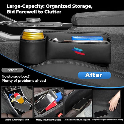2 PCS Car Seat Gap Filler Organizer, Thickened Anti-Slip Leather Car Seat Crevice Storage Box with Cup Holder for BMW X3 X5 X7 X1 X6 X4 X1 X2 3 4 5 7 1 2 Accessories, with Sporty M 3-color logo