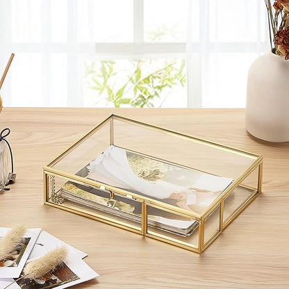 Hipiwe Gold Glass Photo Box - Vintage Photo Storage Organizer, Trinket Box Jewelry Display Organizer Photo Keepsake Box Case Home Decor (Medium)