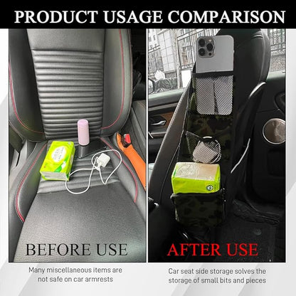 2PCS Car Seat Side Organizer, Seat Side Storage Pocket, Multifunctional Mesh Net Pocket, Car Multi-Pockets Backseat Organizer Side Hanging Bag for Storage Coins, Cell Phones (Green, 2PCS)
