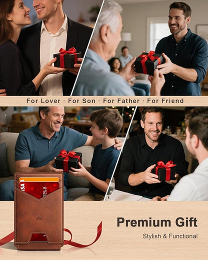 Wallet for Men, Slim Minimalist Wallet with Money Clip＆ID Window, RFID Blocking Pop-Up Credit Card Holder, Smart Auminum Mens Wallet Holds 9-13 Cards (Gift Box) (Red Brown)