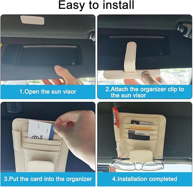 SENHAI Car Sun Visor Organizer for Car, 2 Pcs Small Leather Car Card Sleeve Pocket Organizer, Car Visor Organizer Storage Pouch for Hold Card, Sunglass Holder, Pen (Beige & Black)