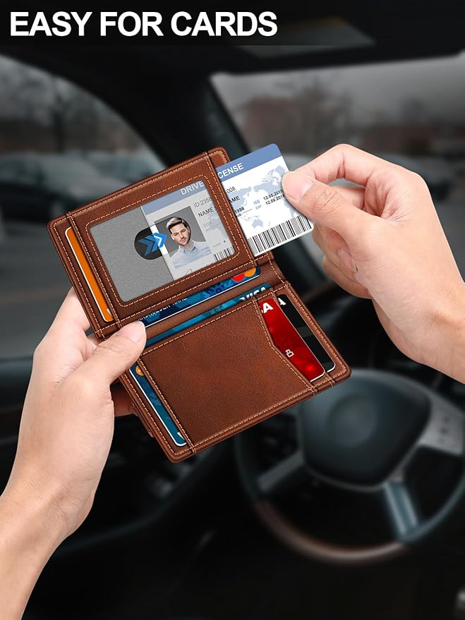 ZALVEX Wallet for Men Slim Leather Wallets for 12-15 Cards, Minimalist Thin RFID Blocking Card Holder with Money Clip & ID Window, Small Bifold Front Pocket Wallet, Gifts for Men