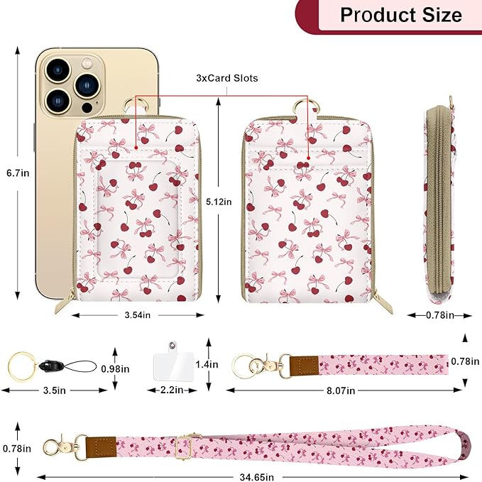 PU Leather Lanyard Bow-Tied Cherries Wallet with ID Badge Holder with 1 Zip Pocket and 3 Card Slots Keychain for Office School Business