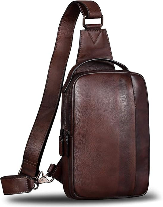 Genuine Leather Sling Bag for Men and Women Vintage Real Leather Sling Backpack Shoulder Crossbody Bags Chest Purse