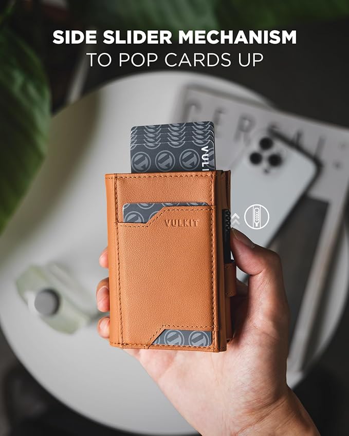 VULKIT Airtag Wallet with Keyring Mens Pop up Credit Card Wallet Compatiable with Air Tag Holder Trifold ID Window RFID Blocking