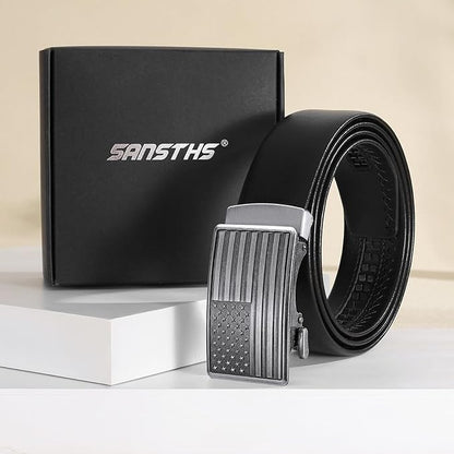 SANSTHS Mens Ratchet Belts Leather 1 3/8" for Men Dress and Casual, Adjustable Click Belts with American Flag Buckles