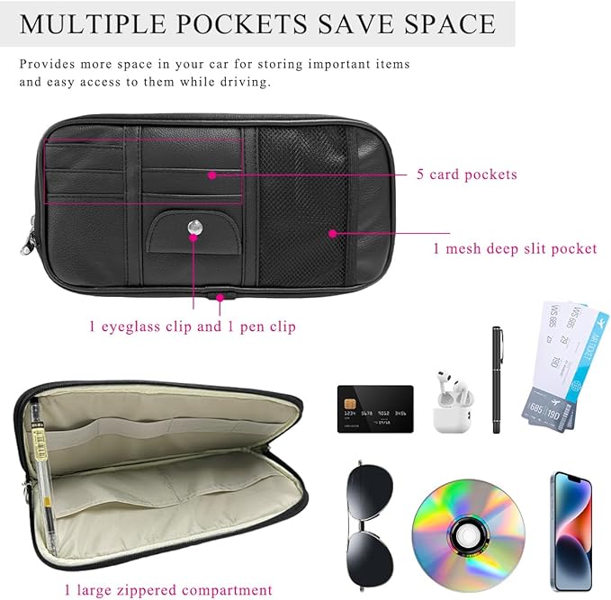 DXNQ Car Sun Visor Organizer, Double Zipper Leather Visor Storage Pouch with Multi-Pocket, Sunglass Holder Storage Pocket with Elastic Band for Cars SUVs Trucks, Car Accessories (Black)